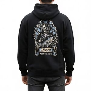 US Fishing Co Black Hoodie Pray For Fish Reaper Graphic Mens Size Small